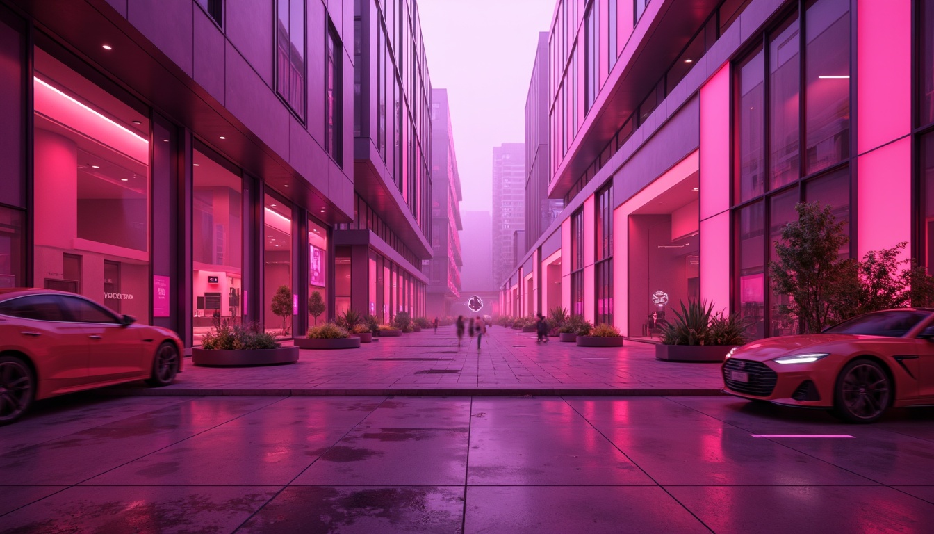 Prompt: Vibrant magenta accents, bold geometric shapes, modern minimalist aesthetic, sleek metallic surfaces, glossy finishes, pastel pink undertones, deep plum shadows, rich berry hues, avant-garde architecture, futuristic urban landscapes, neon-lit cityscapes, dynamic 3D modeling, low-poly renderings, atmospheric mist effects, high-contrast lighting, dramatic camera angles, ultra-wide lenses, cinematic composition.