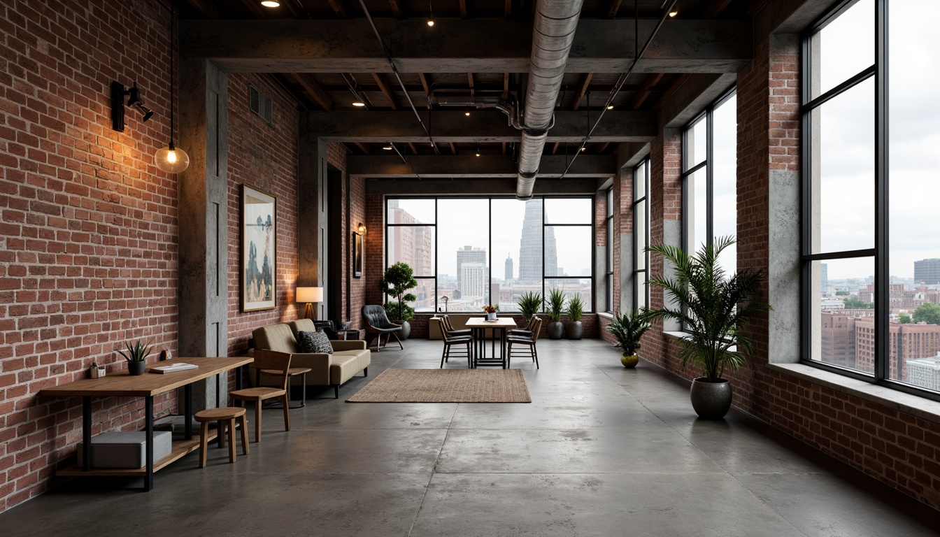 Prompt: Exposed brick walls, metal beams, reclaimed wood accents, industrial-style lighting fixtures, distressed concrete floors, urban loft atmosphere, functional mechanical systems, Edison bulbs, steel pipes, minimalist decor, functional workspaces, modern cityscape views, overcast sky, soft natural lighting, 1/2 composition, realistic materials, ambient occlusion.