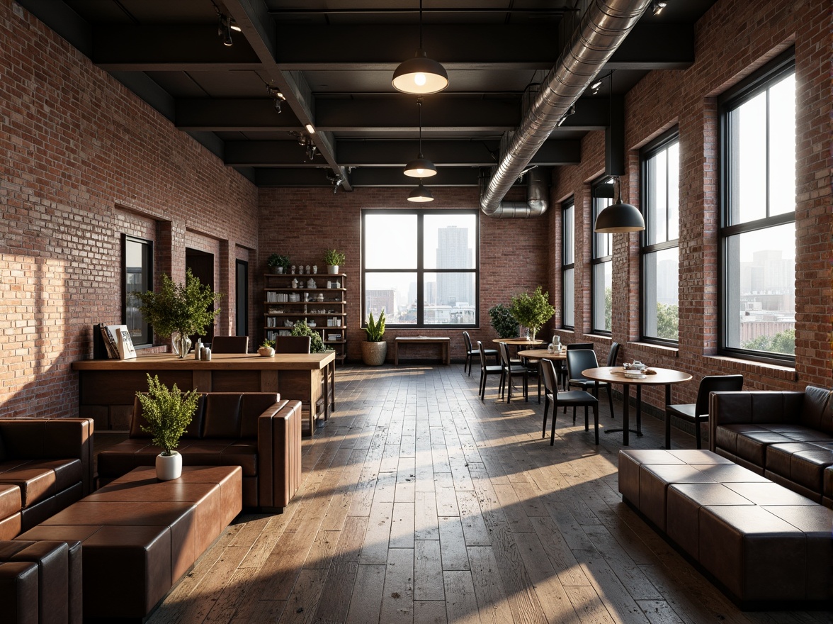 Prompt: Exposed brick walls, metal beams, reclaimed wood floors, industrial-style lighting fixtures, urban cityscape views, converted warehouse spaces, modern minimalist decor, functional exposed ductwork, polished concrete surfaces, distressed leather furniture, metallic color schemes, atmospheric misty effects, shallow depth of field, 1/1 composition, low-angle photography, realistic rough textures.