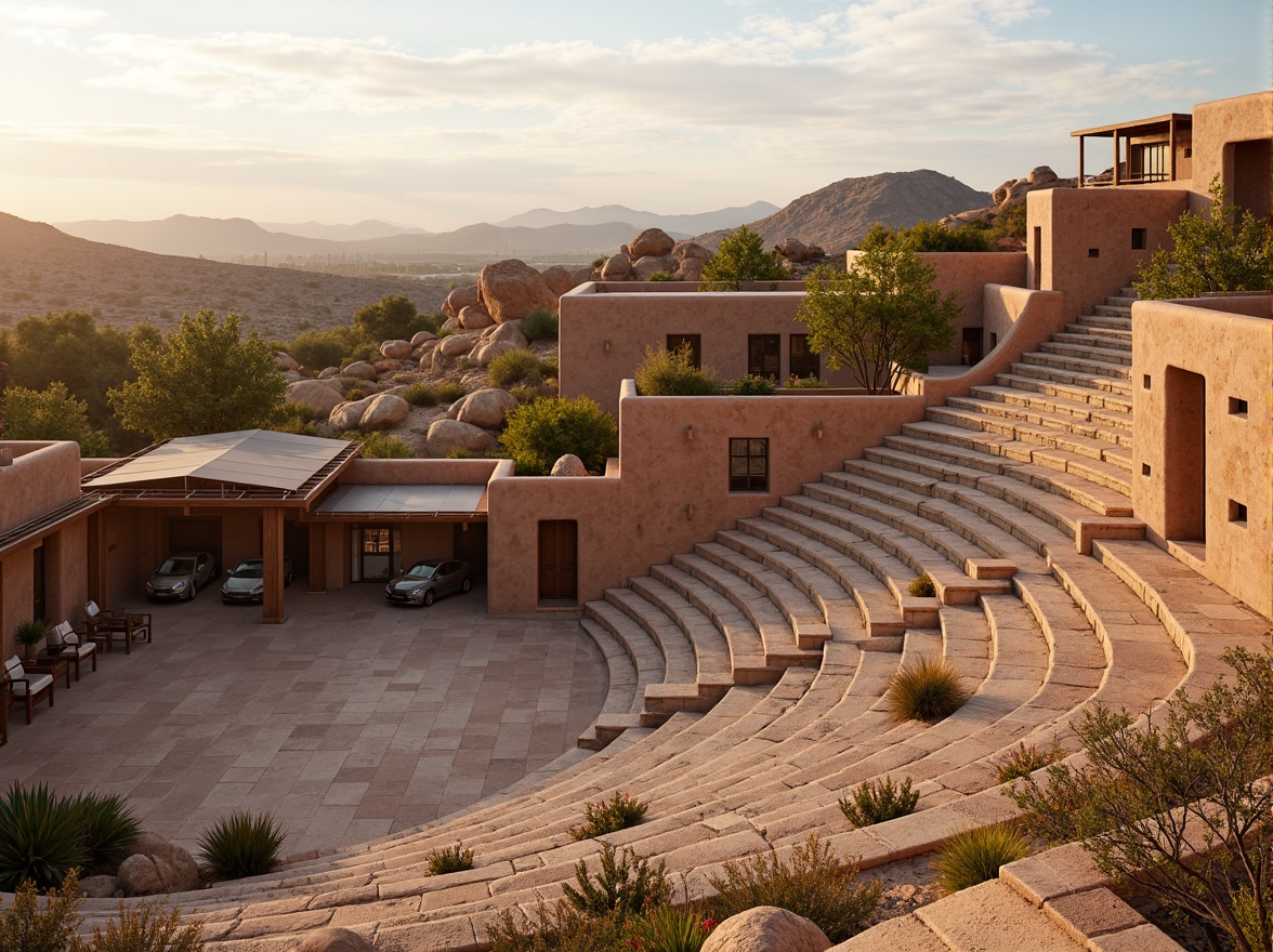 Prompt: Southwestern-style amphitheater, adobe-inspired architecture, natural stone seating, curved rows, tiered levels, desert landscape, cacti surroundings, warm sandy tones, earthy textures, rust-colored accents, wooden roof structures, canvas canopies, gentle breeze, soft evening lighting, warm ambient glow, 3/4 composition, shallow depth of field, panoramic view, realistic rock formations, ambient occlusion.