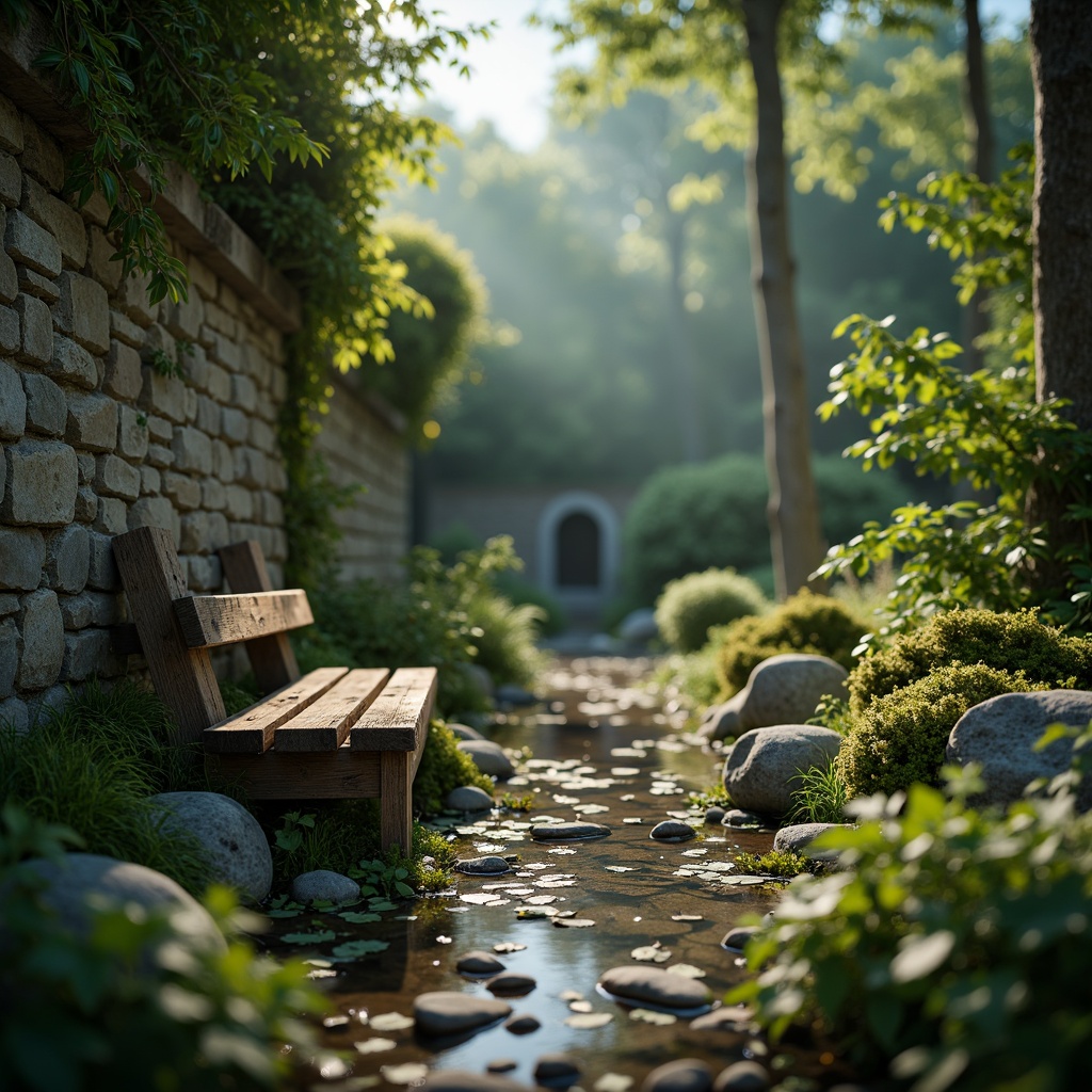 Prompt: Soft mossy greens, calming blues, serene earth tones, natural wood textures, gentle water reflections, misty morning light, delicate flower petals, subtle leaf patterns, weathered stone walls, rustic wooden benches, peaceful forest glade, shallow depth of field, 1/2 composition, warm soft focus, realistic ambient occlusion.