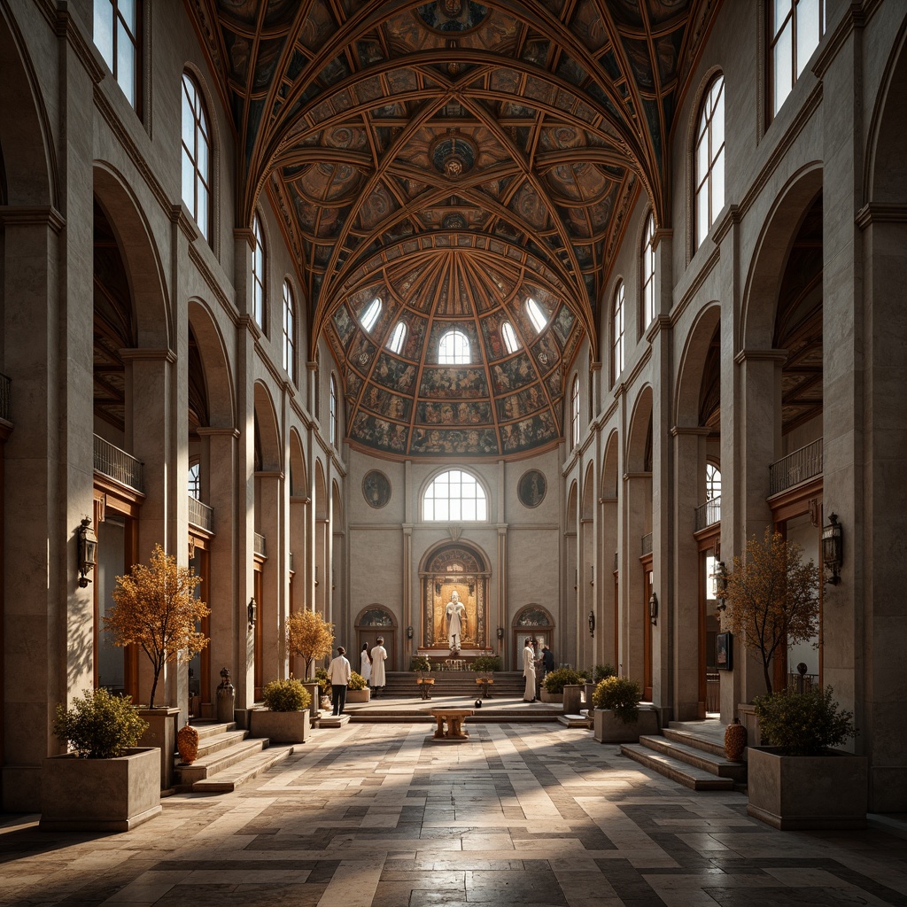 Prompt: Sacred temple interior, grandiose columns, ornate arches, stained glass windows, intricate mosaics, polished marble floors, symmetrical aisle layout, soaring vaulted ceilings, devotional statues, serene ambiance, warm soft lighting, subtle shadows, shallow depth of field, 1/1 composition, realistic textures, ambient occlusion, tranquil atmosphere, spiritual energy.