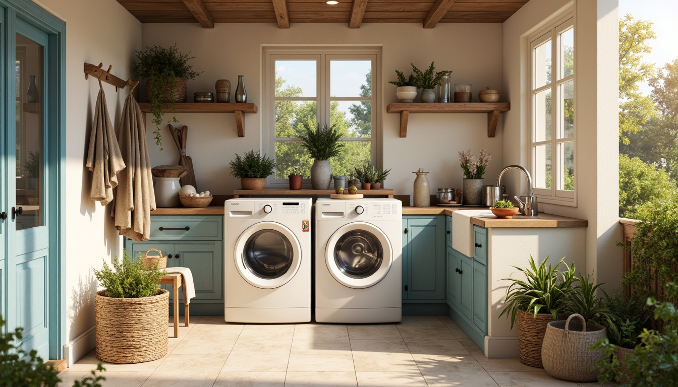 Prompt: Rustic laundry room, vintage washing machines, distressed wooden cabinets, soft cream walls, warm beige floors, calming blue accents, crisp white trim, antique metal fixtures, woven wicker baskets, natural linen fabrics, earthy terracotta pots, lush greenery, sunny afternoon, warm soft lighting, shallow depth of field, 1/1 composition, realistic textures.