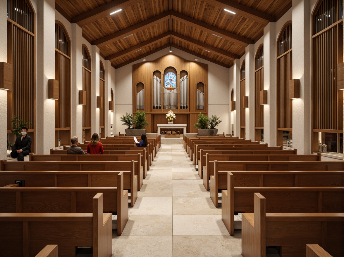 Prompt: Contemporary worship space, sleek wooden pews, minimalist chairs, neutral color palette, natural stone flooring, ambient lighting, stained glass windows, vaulted ceilings, sacred symbols, ornate altarpieces, comfortable cushions, ergonomic design, acoustic panels, sound-absorbing materials, intimate seating arrangements, flexible layouts, movable partitions, modular furniture, warm earthy tones, uplifting atmosphere, soft warm lighting, shallow depth of field, 3/4 composition, realistic textures, ambient occlusion.