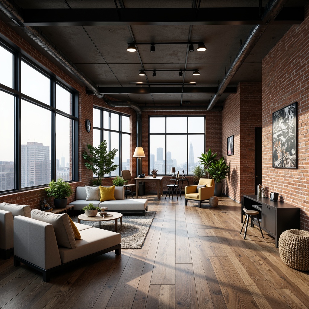 Prompt: Industrial chic loft interior, exposed brick walls, metal beams, reclaimed wood floors, sleek streamline furniture, monochromatic color palette, rich charcoal grays, creamy whites, warm beige tones, deep blues, vibrant yellow accents, soft natural light, urban cityscape views, modern minimalist decor, geometric patterns, metallic textures, cozy atmospheric ambiance, shallow depth of field, 1/1 composition, realistic rendering.