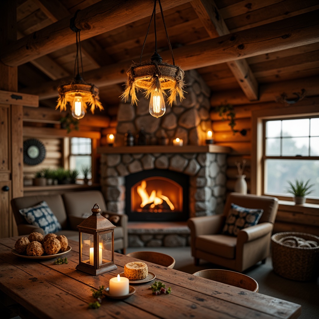 Prompt: Rustic cabin, wooden beams, stone walls, earthy tones, warm ambiance, cozy atmosphere, pendant lanterns, candles, soft warm glow, natural materials, reclaimed wood, metal accents, industrial chic, exposed bulbs, Edison lamps, vintage fixtures, dimmable lighting, layered lighting, task lighting, accent lighting, rustic chandeliers, wooden lamp shades, burlap textures, distressed finishes, autumnal colors, golden hour, shallow depth of field, 1/1 composition, realistic rendering.