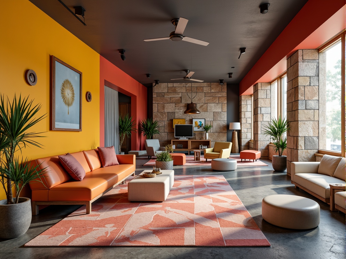 Prompt: Vibrant modern interior, sleek furniture, bold color blocking, pastel hues, rich textures, metallic accents, natural stone walls, geometric patterns, eclectic decor, warm ambient lighting, shallow depth of field, 1/1 composition, realistic render, subtle gradient effects.