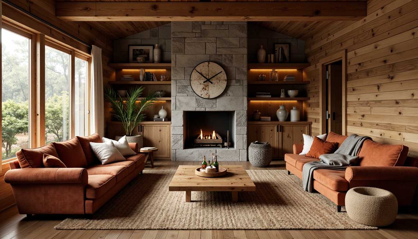 Prompt: Rustic wooden cabin, plush velvet sofa, distressed leather armchair, reclaimed wood coffee table, woven jute rug, natural stone fireplace, earthy tone color palette, cozy throw blankets, vintage metal lanterns, wooden beam ceiling, modern minimalist decor, warm soft lighting, shallow depth of field, 1/2 composition, realistic textures, ambient occlusion.