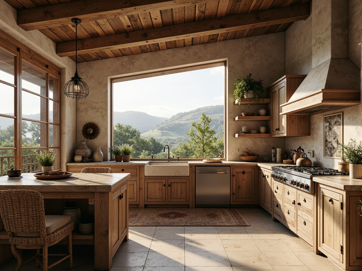 Prompt: Rustic French country kitchen, distressed wooden cabinets, worn stone countertops, soft warm lighting, earthy tone palette, ornate metal hardware, vintage-inspired faucets, natural marble backsplashes, woven wicker furniture, fresh flower arrangements, countryside views, rolling hills, sunny afternoon, shallow depth of field, 2/3 composition, realistic textures, ambient occlusion.