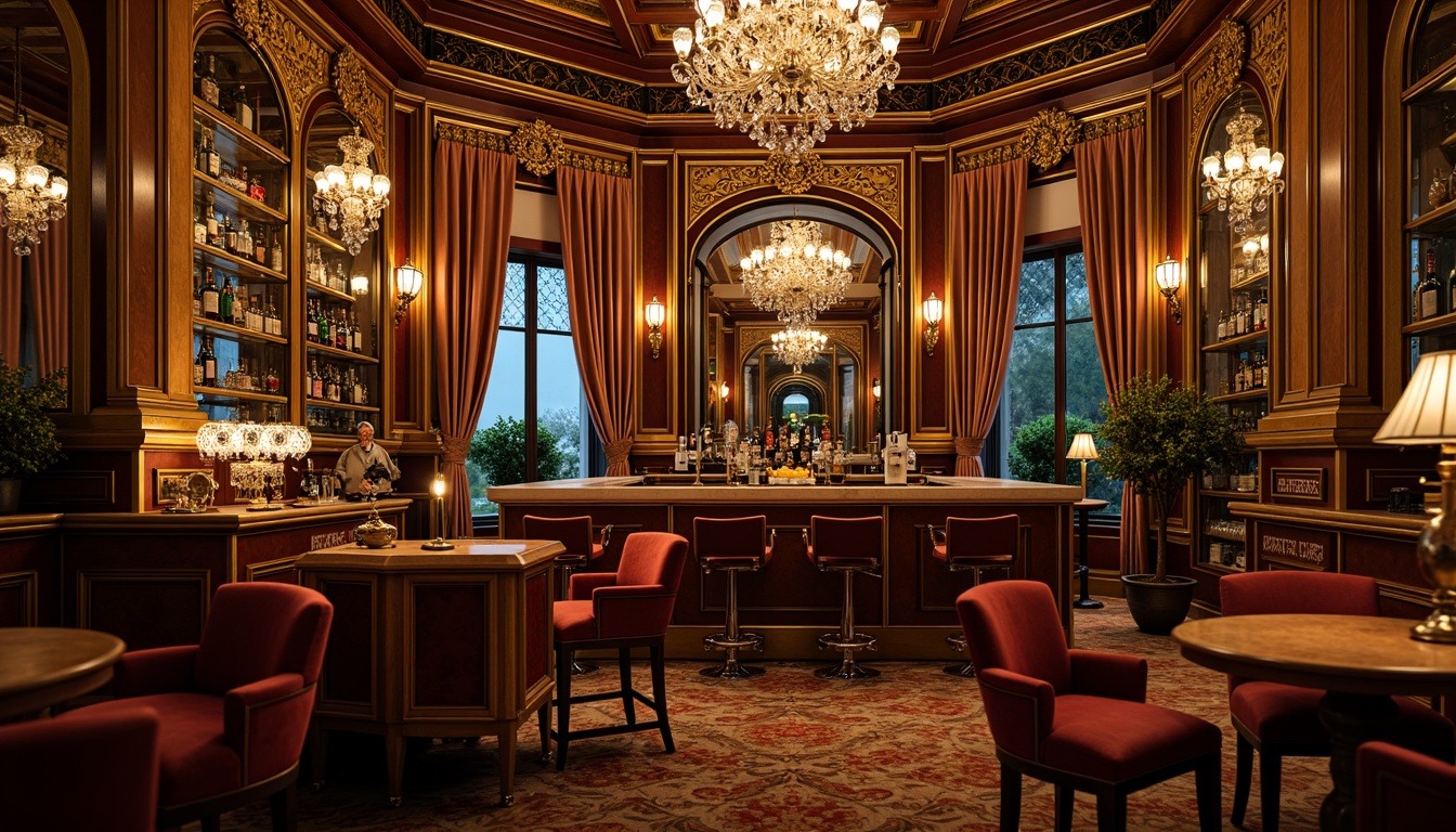 Prompt: Ornate home bar, golden accents, intricately carved wood, velvet upholstery, crystal chandeliers, ornamental mirrors, luxurious fabrics, rich jewel tones, gilded frames, curved lines, intricate patterns, French-inspired design, opulent atmosphere, warm candlelight, shallow depth of field, 1/1 composition, realistic textures, ambient occlusion.