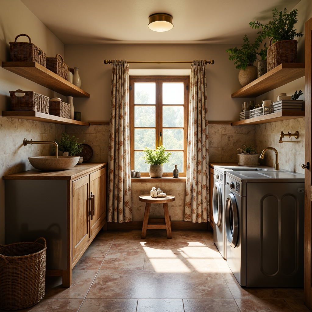 Prompt: Warm traditional laundry room, soft creamy lighting, rustic wooden cabinets, vintage metal washing machines, distressed stone walls, earthy terracotta floor tiles, woven wicker baskets, floral patterned curtains, antique brass fixtures, warm beige color scheme, cozy atmosphere, natural daylight, gentle shadows, 1/1 composition, shallow depth of field, realistic textures, ambient occlusion.