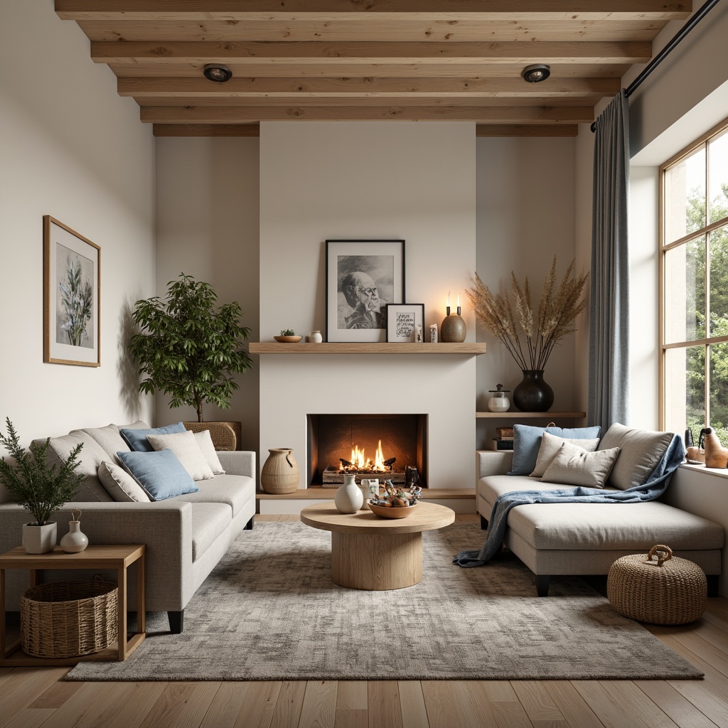 Prompt: Cozy Scandinavian family room, warm beige walls, soft grey furniture, calming blue accents, natural wood tones, plush textiles, woven baskets, modern minimalist decor, large windows, abundant natural light, warm candlelight, 1/2 composition, intimate atmosphere, realistic wood grain textures, ambient occlusion.