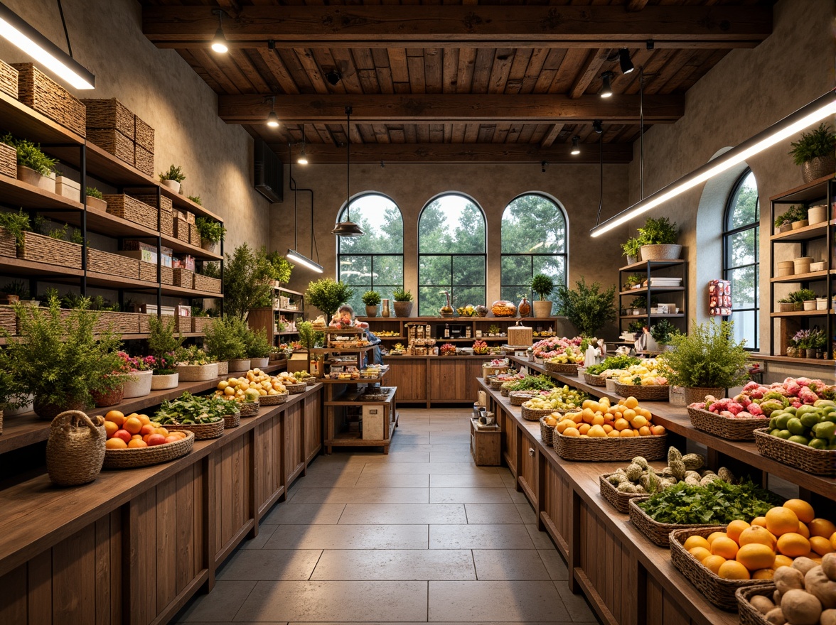 Prompt: Rustic grocery store interior, earthy tones, natural stone flooring, reclaimed wood accents, distressed metal shelving, woven wicker baskets, vibrant produce displays, fresh flower arrangements, industrial-style lighting fixtures, concrete walls, rough-hewn wooden beams, soft warm ambiance, shallow depth of field, 1/1 composition, realistic textures, ambient occlusion.