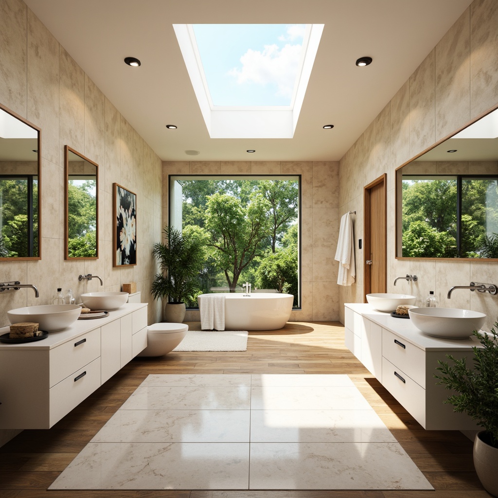 Prompt: Vibrant bathroom interior, large windows, skylight, soft natural lighting, white marble countertops, sleek chrome fixtures, minimalist design, modern sink basins, freestanding tubs, rainfall showerheads, glass enclosed showers, greenery, potted plants, wooden floors, warm beige tones, spa-like ambiance, calming atmosphere, shallow depth of field, 1/1 composition, realistic textures, ambient occlusion.