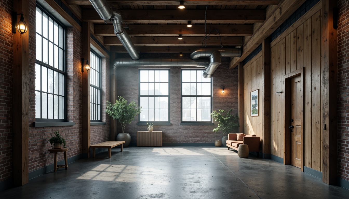 Prompt: Exposed industrial beams, rustic metal columns, reclaimed wood accents, polished concrete floors, urban loft atmosphere, converted warehouse space, minimalist decor, functional piping, distressed brick walls, large factory windows, natural light pouring in, moody shadows, atmospheric fog, cinematic lighting, shallow depth of field, 2/3 composition, symmetrical framing, gritty textures, ambient occlusion.