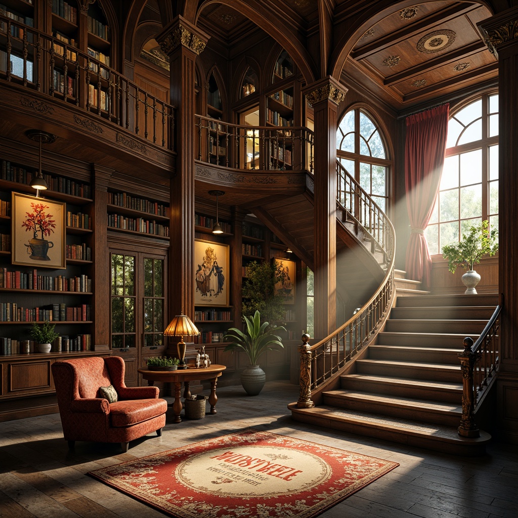 Prompt: Intricate ornate bookshelves, curved lines, flowing organic forms, vintage typographic posters, distressed wooden floors, ornamental metalwork, stained glass windows, grand staircase, rich velvet drapes, warm golden lighting, soft focus, shallow depth of field, 2/3 composition, atmospheric mist, whimsical illustrations, elegant typography, antique furniture, leather-bound books, nostalgic atmosphere.