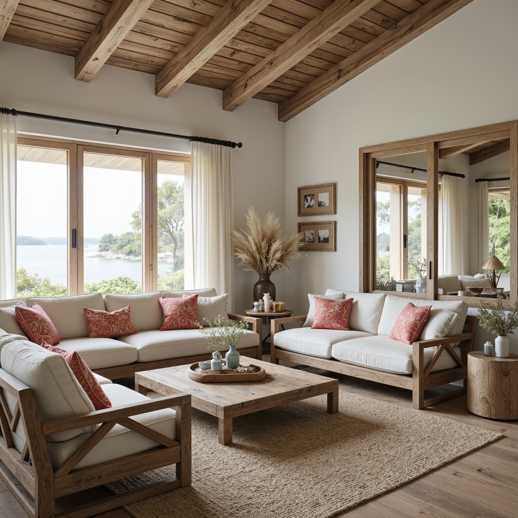 Prompt: Coastal themed living room, natural woven fibers, ocean-inspired color palette, driftwood accents, nautical ropes, linen upholstery, coral patterned throw pillows, sea-glass vases, rustic wooden furniture, distressed finishes, beachy vibe, soft warm lighting, shallow depth of field, 3/4 composition, panoramic view, realistic textures, ambient occlusion.