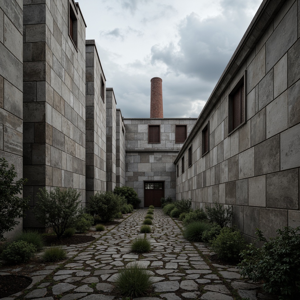 Prompt: Rugged concrete walls, rough-hewn stone fa\u00e7ades, weathered metal cladding, industrial materials, bold geometric forms, fortress-like structures, monumental scale, dramatic lighting, deep shadows, rich textures, brutalist aesthetic, urban landscapes, city skylines, cloudy skies, moody atmospheric conditions, high-contrast photography, intense focal lengths, abstract compositions.