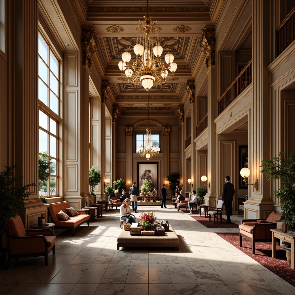 Prompt: Grand bank interior, ornate columns, high ceilings, marble flooring, polished wood paneling, elegant chandeliers, luxurious fabrics, rich jewel tones, sophisticated neutrals, gold accents, intricate moldings, stately furniture, lavish decorations, ambient warm lighting, shallow depth of field, 1/1 composition, realistic textures, soft focus effect.