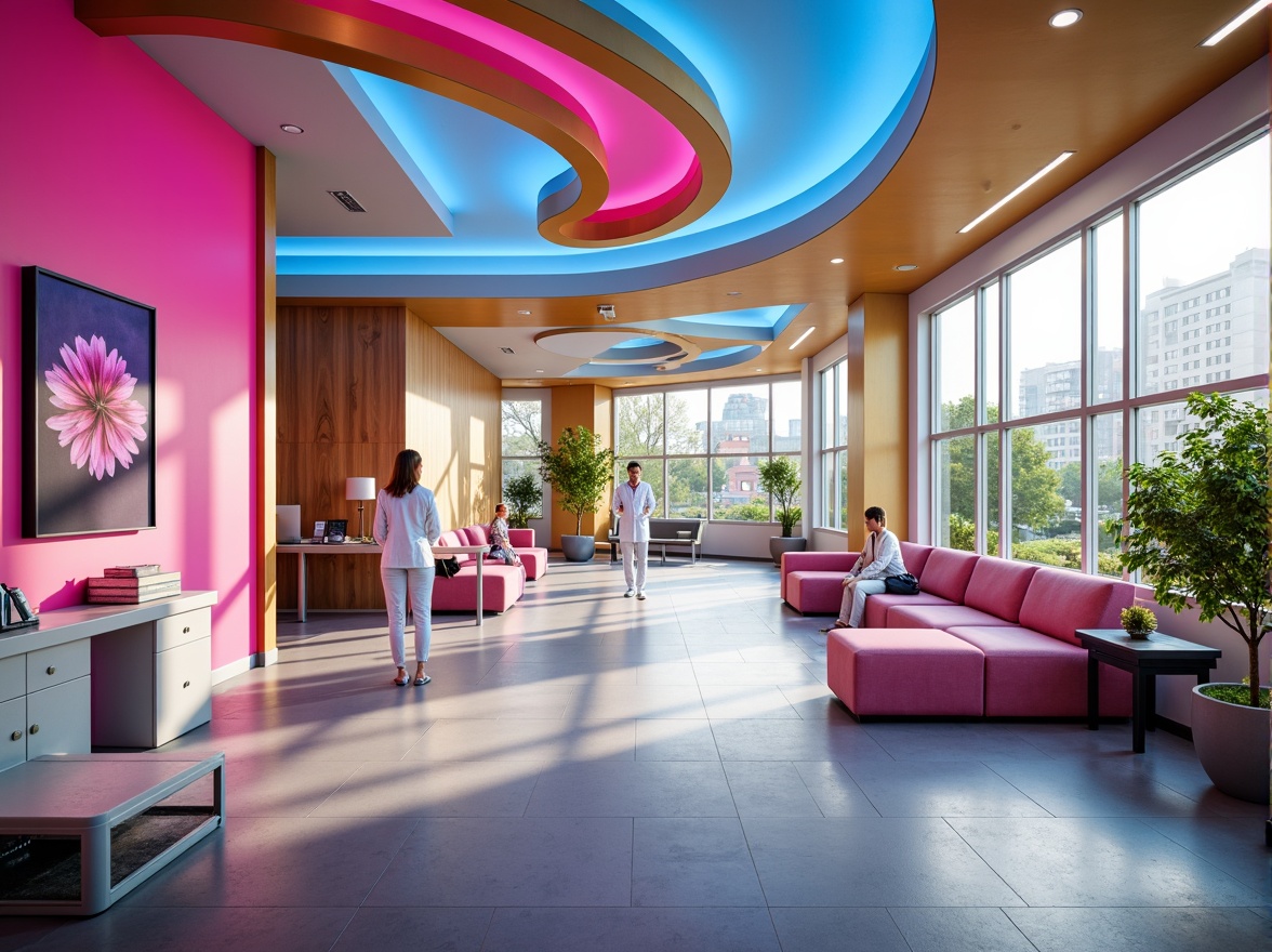 Prompt: Vibrant postmodern healthcare center, bold geometric patterns, neon pink accents, electric blue hues, warm beige tones, abstract artwork, futuristic medical equipment, sleek stainless steel surfaces, minimalist nurse stations, natural light pouring through floor-to-ceiling windows, comfortable waiting areas, plush couches, calming greenery, soothing water features, dynamic LED lighting, 1/1 composition, shallow depth of field, realistic textures, ambient occlusion.