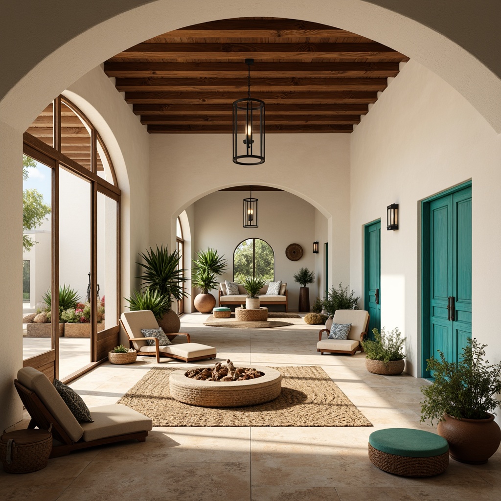 Prompt: Warm Mediterranean interior, soft natural light, creamy white walls, rustic stone flooring, wooden ceiling beams, elegant archways, ornate metalwork, vibrant turquoise accents, plush furnishings, lush greenery, potted plants, earthy terracotta pots, woven textiles, subtle patterns, warm beige tones, airy open spaces, large windows, sliding glass doors, sun-kissed rooms, gentle shadows, soft focus, 1/1 composition, realistic materials, ambient occlusion.