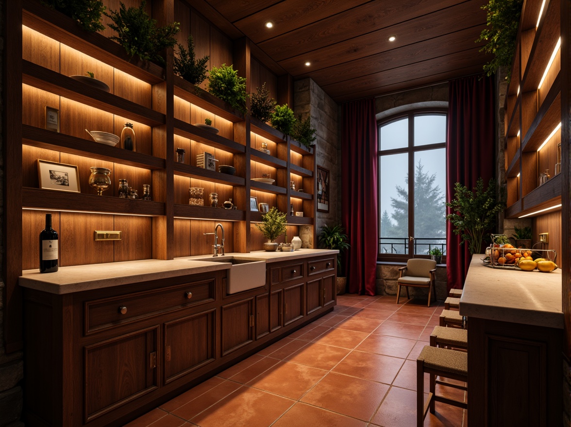 Prompt: Rich wood tones, dark oak shelving, earthy terracotta floors, warm golden lighting, luxurious velvet drapes, elegant stone walls, rustic metal accents, subtle burgundy hues, soft cream-colored countertops, dramatic dimmable lighting, atmospheric foggy effects, 3/4 composition, shallow depth of field, realistic textures, ambient occlusion.