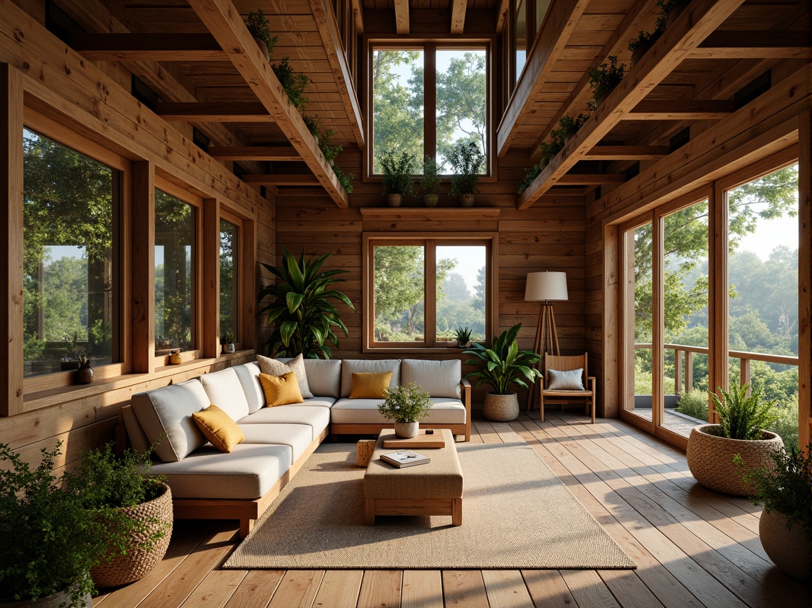 Prompt: Rustic wooden cabin, reclaimed wood accents, bamboo flooring, living walls, green roofs, solar panels, wind turbines, rainwater harvesting systems, eco-friendly furniture, natural textiles, organic fabrics, woven baskets, potted plants, earthy color palette, soft warm lighting, shallow depth of field, 3/4 composition, realistic textures, ambient occlusion.