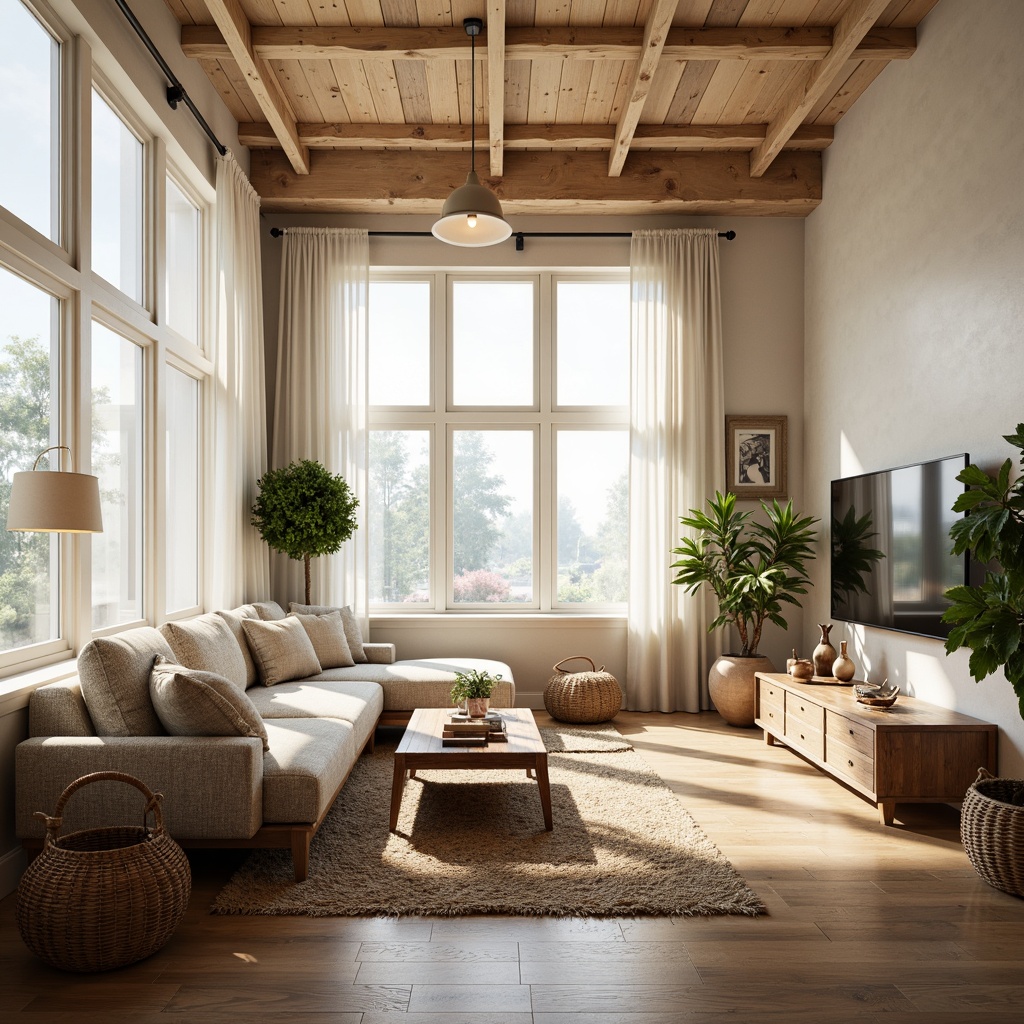 Prompt: Cozy family room, Scandinavian minimalist decor, light wood tones, plush sectional sofa, natural fiber rugs, woven baskets, pendant lamps, floor-to-ceiling windows, sheer white curtains, rustic wooden coffee table, minimalist TV stand, greenery plants, soft warm lighting, shallow depth of field, 1/1 composition, realistic textures, ambient occlusion.