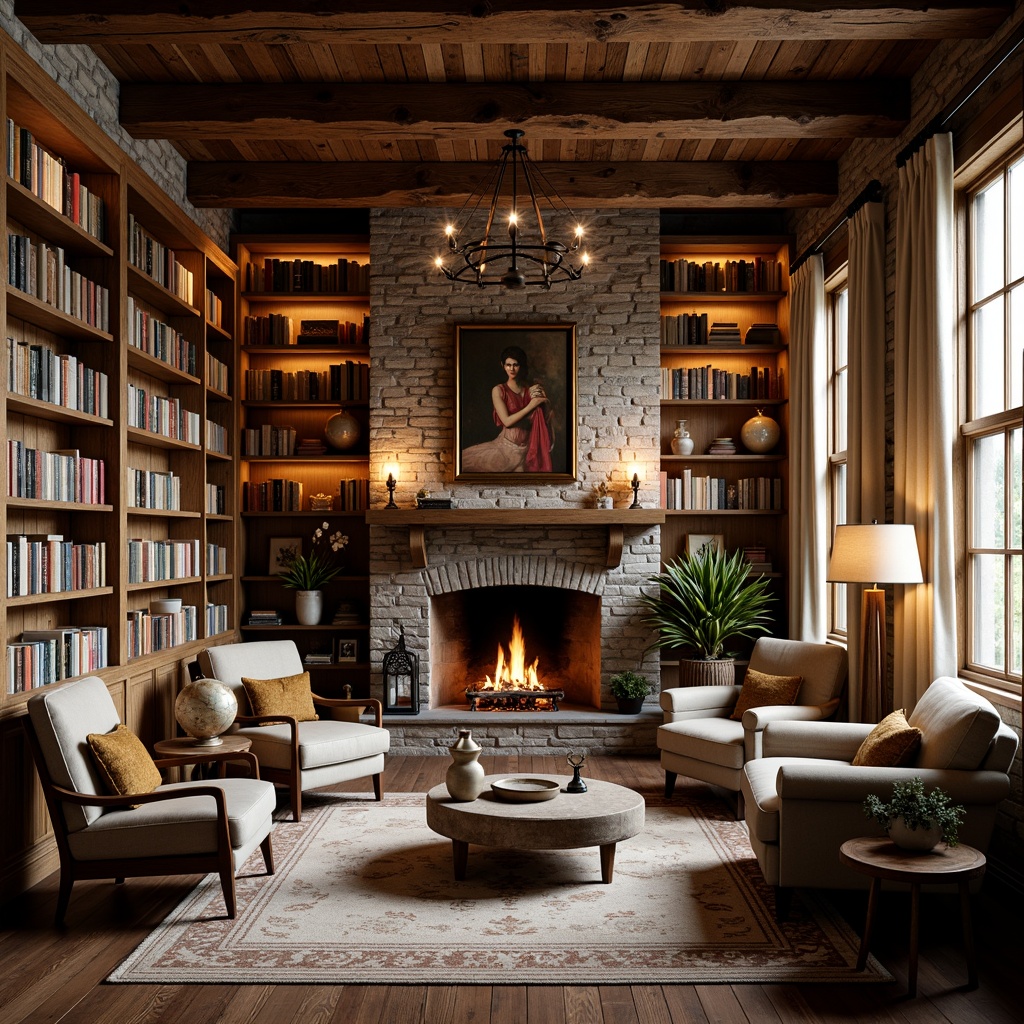 Prompt: Cozy rustic library, warm wooden shelves, vintage books, soft cushions, plush armchairs, crackling fireplace, rustic stone walls, wooden beam ceiling, warm lantern lighting, table lamps, floor lamps, candlelight, natural textiles, earthy color palette, comfortable reading nooks, layered window treatments, sheer curtains, rustic metal accents, distressed wood furniture, worn leather bindings, antique maps, vintage globes, morning sunlight, soft warm glow, shallow depth of field, 2/3 composition.