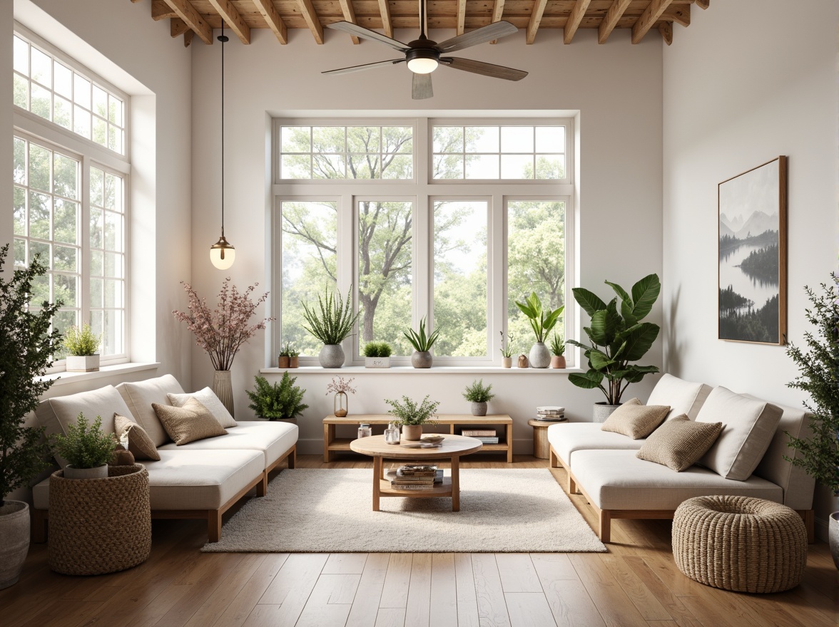 Prompt: Minimalist Scandinavian interior, light-filled spaces, airy atmosphere, large windows, white walls, wooden floors, natural textiles, woven baskets, pendant lamps, greenery, blooming plants, soft warm lighting, shallow depth of field, 3/4 composition, panoramic view, realistic textures, ambient occlusion, cozy reading nooks, comfortable sofas, nature-inspired color palette, earthy tones, calming ambiance, relaxed mood.