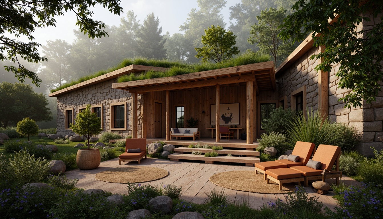 Prompt: Rustic wooden cabin, natural stone walls, earthy tones, woven bamboo furniture, jute rugs, reclaimed wood accents, living green roofs, organic shapes, soft warm lighting, cozy atmosphere, secluded forest surroundings, misty morning, shallow depth of field, 1/1 composition, realistic textures, ambient occlusion.