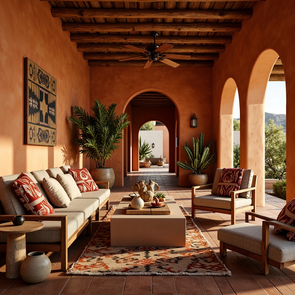 Prompt: Vibrant Southwestern living room, warm terracotta walls, rustic wooden furniture, plush tribal-printed throw pillows, woven Native American-inspired blankets, earthy tone ceramics, natural fiber rugs, desert botanicals, cactus plants, sunny afternoon light, soft warm glow, shallow depth of field, 2/3 composition, intimate close-up shots, realistic textures, ambient occlusion.