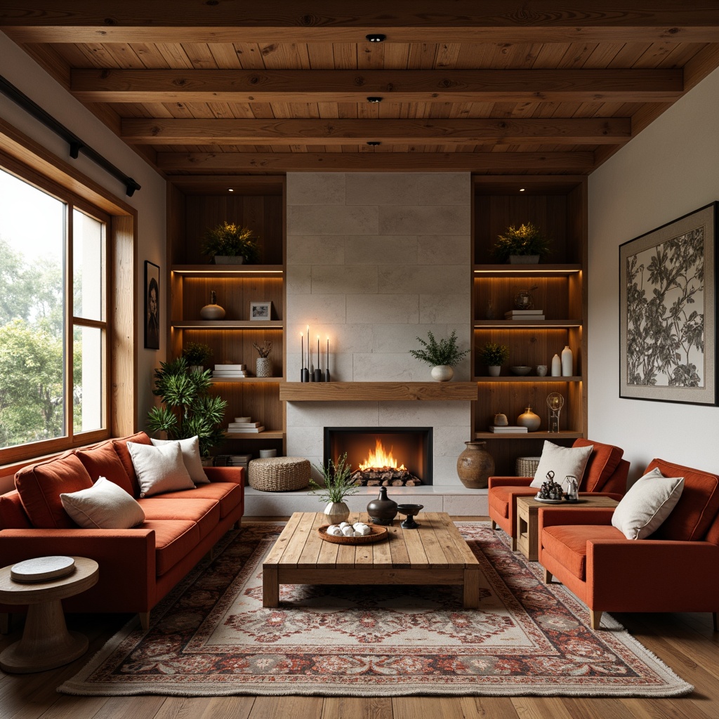 Prompt: Cozy living room, warm wooden tones, plush velvet sofa, accent armchairs, rustic coffee table, vintage rugs, soft candlelight, earthy color palette, natural stone fireplace, minimalist decor, Scandinavian-inspired design, comfortable seating arrangement, functional shelving units, eclectic decorative accents, airy floor plan, abundant natural light, 1/1 composition, warm ambient lighting.