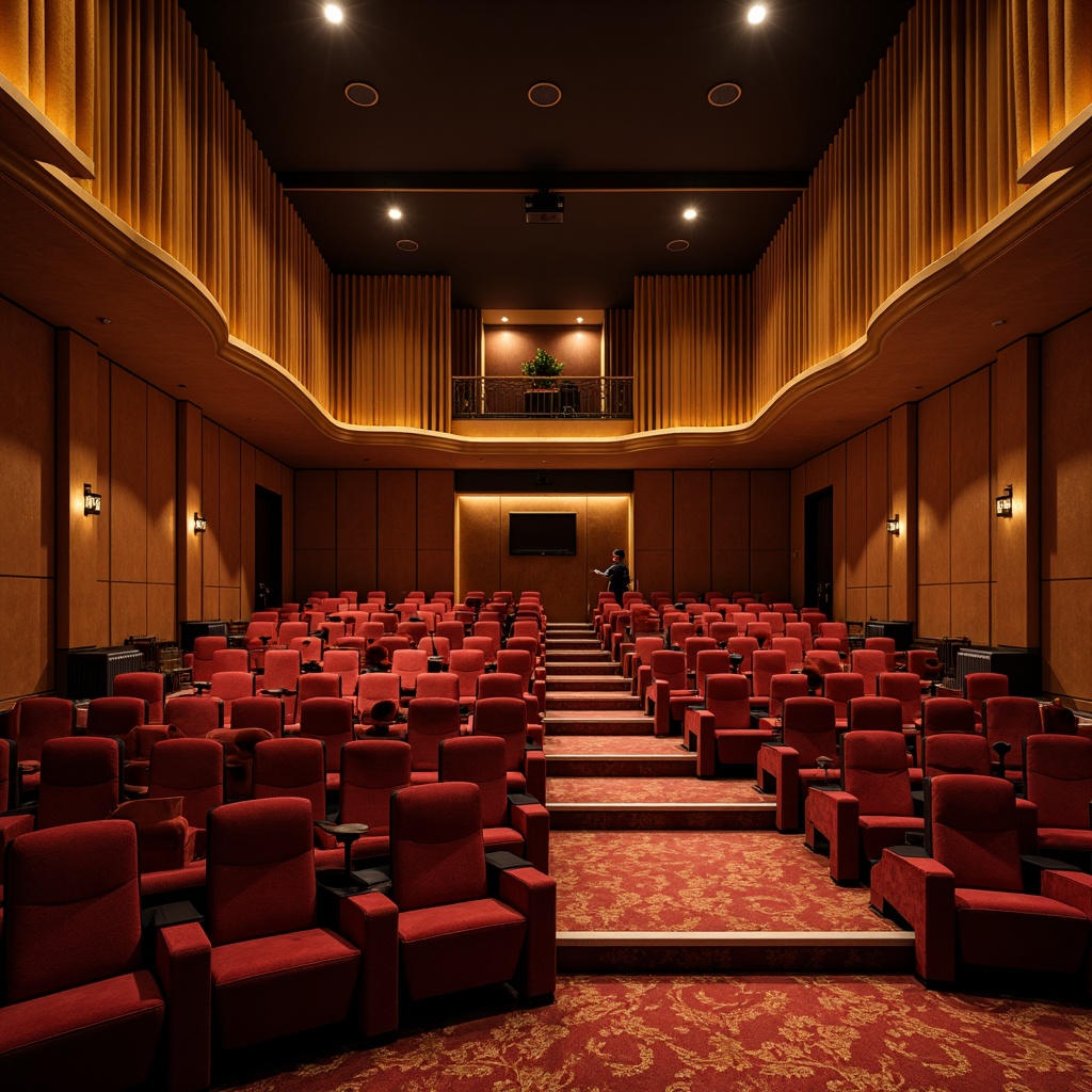 Prompt: Luxurious theater interior, velvet curtains, golden accents, wooden paneling, optimal sound quality, acoustic panels, sound-absorbing materials, fabric-wrapped walls, diffused lighting, tiered seating, cinematic experience, 3D audio effects, high-fidelity speakers, professional sound equipment, soundproofing materials, bass traps, mid-century modern design, rich wood tones, cozy atmosphere, intimate setting, soft warm glow, shallow depth of field, 2/3 composition, realistic textures, ambient occlusion.