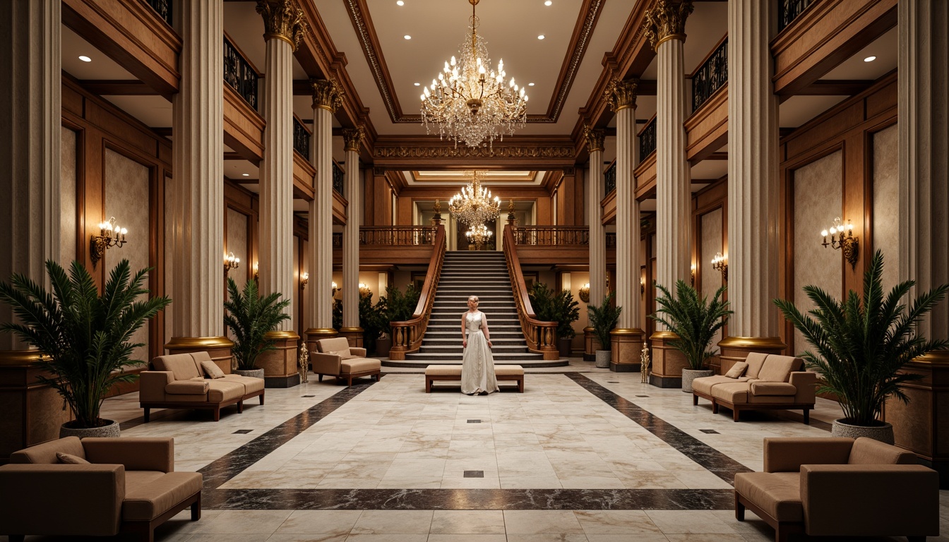 Prompt: Elegant banking hall, Corinthian columns, marble floors, high ceilings, ornate moldings, rich wood paneling, intricate carvings, grand staircase, crystal chandeliers, luxurious furniture, leather upholstery, golden accents, subtle lighting, soft warm ambiance, shallow depth of field, 1/1 composition, realistic textures, ambient occlusion.