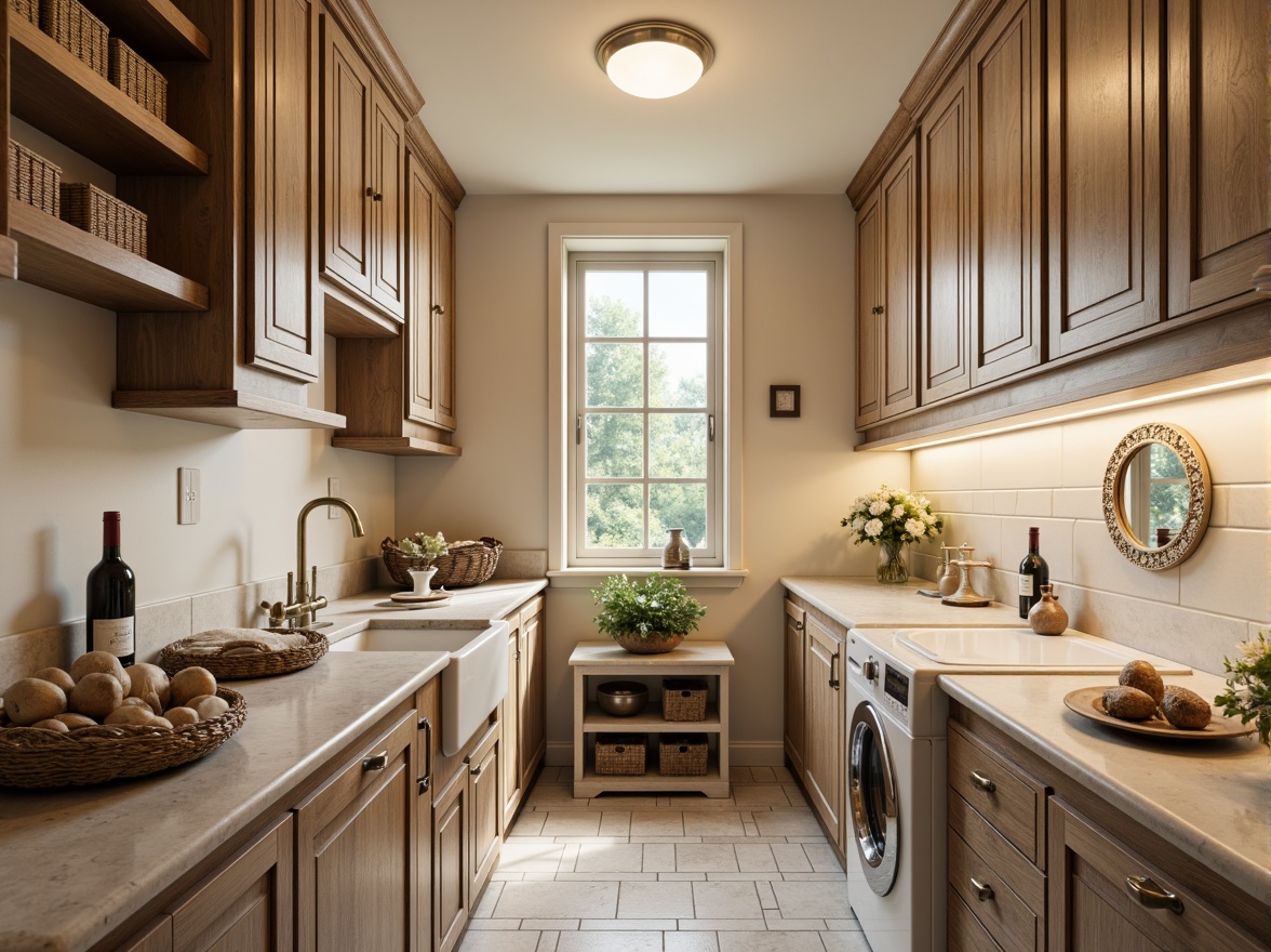 Prompt: Elegant laundry room, traditional decor, ornate cabinetry, farmhouse sink, bronze faucets, natural stone countertops, white subway tiles, warm beige walls, soft cream lighting, classic Shaker-style furniture, woven baskets, vintage-inspired accessories, distressed wood accents, earthy color palette, 1/1 composition, realistic textures, ambient occlusion.