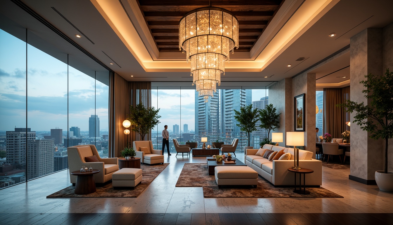 Prompt: Luxurious penthouse, high ceiling, modern interior design, sophisticated ambiance, elegant chandeliers, crystal pendant lights, sleek floor lamps, ambient indirect lighting, warm cozy glow, soft pastel colors, marble flooring, lavish furniture, opulent textiles, panoramic city views, dramatic vertical composition, 1/1 aspect ratio, cinematic lighting, subtle shadows, refined metallic finishes, ornate details, rich jewel tones.