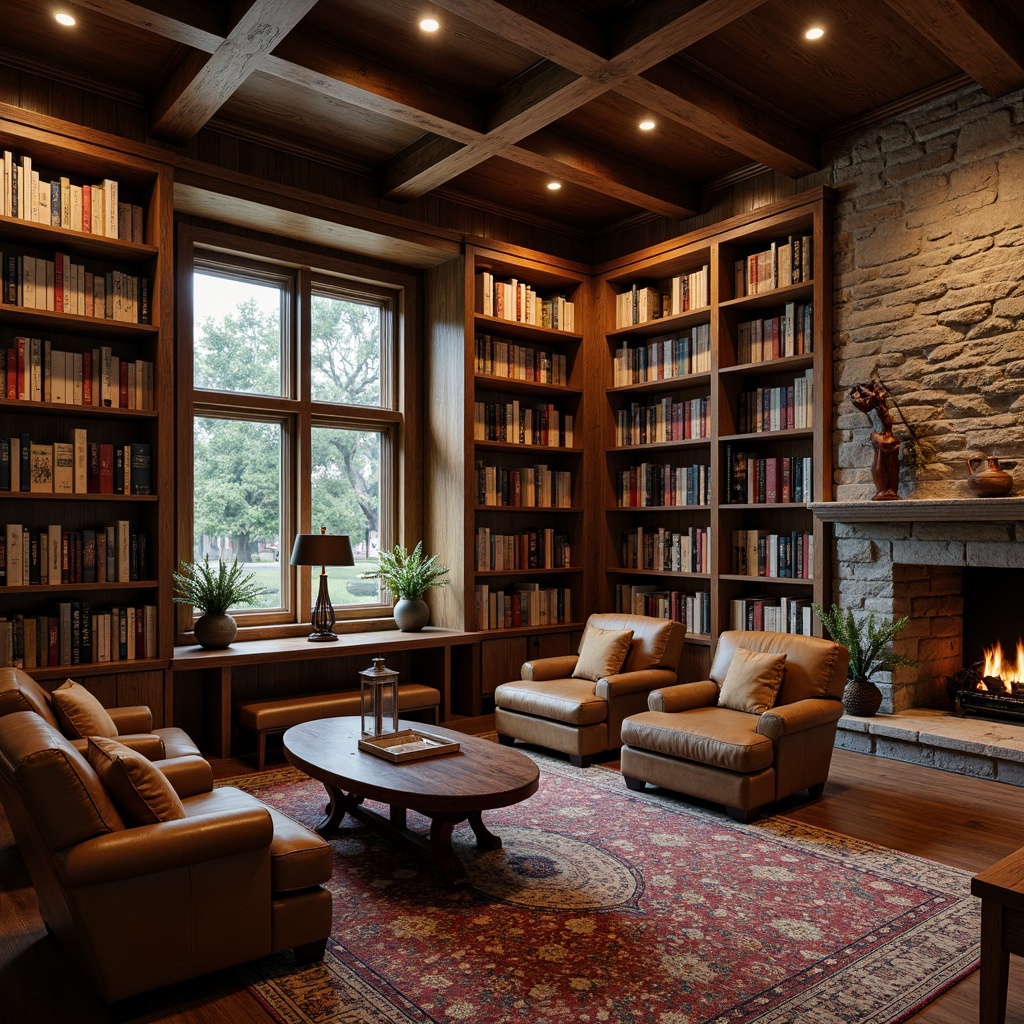 Prompt: Cozy library, wooden bookshelves, vintage leather armchairs, distressed wood coffee tables, plush area rugs, warm lantern lighting, earthy color palette, natural stone fireplace, comfortable reading nooks, reclaimed wood accents, rustic metal decorations, classic literature displays, rich wood paneling, soft warm ambiance, 1/1 composition, intimate atmosphere, realistic textures, subtle shadows.