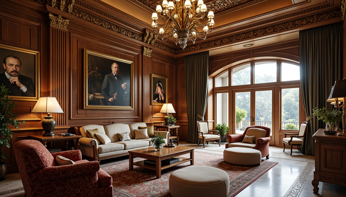 Prompt: Luxurious living room, rich wooden furniture, ornate carvings, velvet upholstery, golden accents, crystal chandeliers, marble floors, high ceilings, grandiose windows, soft warm lighting, shallow depth of field, 3/4 composition, realistic textures, ambient occlusion, antique vases, oil paintings, intricate moldings, curved lines, symmetrical arrangements, elegant fabrics, subtle patterns.