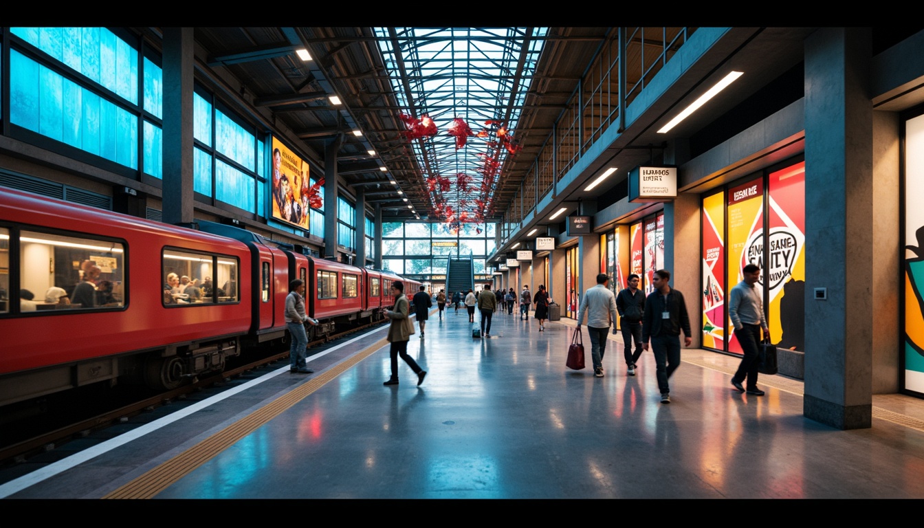 Prompt: Vibrant metro station, expressionist architecture, dramatic lighting, bold color scheme, abstract patterns, geometric shapes, dynamic shadows, futuristic ambiance, sleek metal columns, concrete walls, industrial-style signage, modern urban atmosphere, busy pedestrian traffic, morning rush hour, soft warm glow, cinematic lighting, high-contrast ratios, 1/2 composition, Dutch angle shots, realistic materials, ambient occlusion.