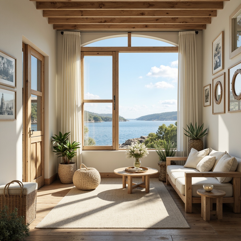 Prompt: Calming coastal cottage, soft sandy beige, serene ocean blues, crisp whites, weathered wood accents, natural linen textures, driftwood decorations, nautical ropes, porthole windows, distressed finishes, sunny day, warm golden lighting, shallow depth of field, 1/2 composition, intimate atmosphere, realistic reflections, ambient occlusion.