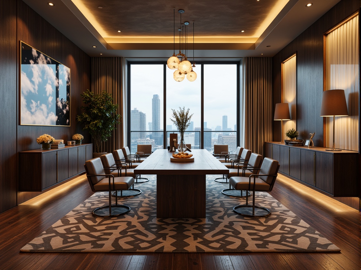 Prompt: Modern streamline dining room, sleek wooden table, minimalist chairs, floor-to-ceiling windows, urban cityscape view, soft warm lighting, polished chrome accents, geometric patterned rug, luxurious velvet drapes, elegant pendant lamps, rich wood flooring, sophisticated color palette, 1/1 composition, shallow depth of field, realistic textures, ambient occlusion.