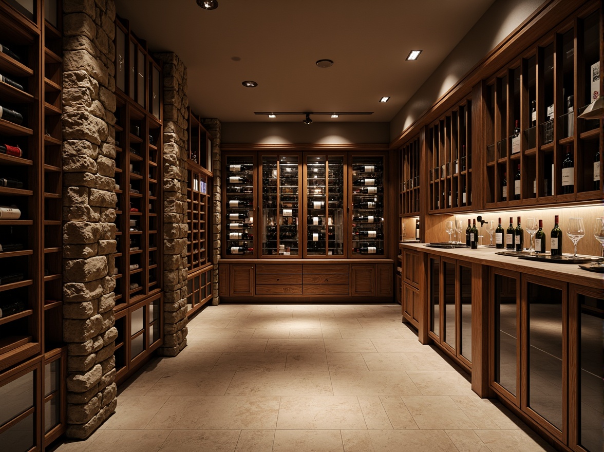 Prompt: Luxurious wine cellar, climate-controlled environment, optimal temperature range, precise humidity levels, advanced air filtration systems, dimmed LED lighting, rich wood accents, stone walls, sleek metal racks, glass-enclosed wine displays, refrigeration units, temperature monitoring systems, humidistats, insulated doors, vapor barriers, passive climate control methods, natural convection systems, earthy color palette, ambient soft glow, shallow depth of field, 1/1 composition, realistic textures, subtle reflections.