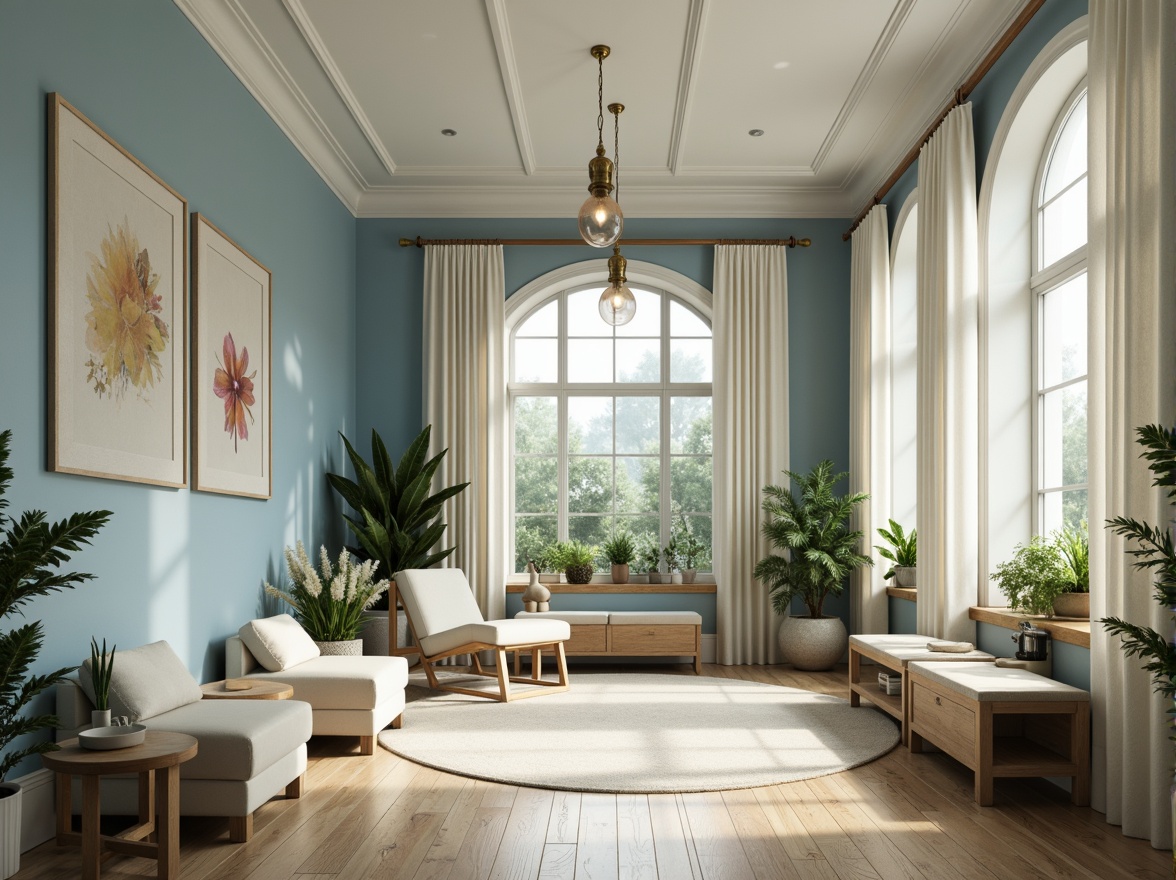 Prompt: Soft powder blue walls, creamy white trim, warm beige flooring, natural wood accents, elegant gold lighting fixtures, lush greenery, subtle texture overlays, gentle ambient glow, shallow depth of field, 1/1 composition, realistic reflections, misty atmosphere, serene morning light, soft focus, ethereal mood.Note