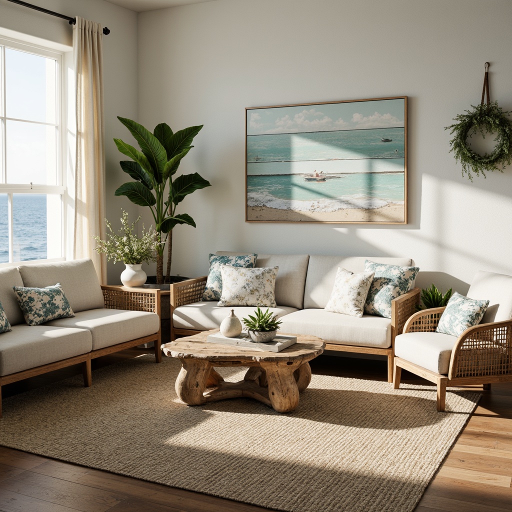 Prompt: Driftwood furniture, natural linen upholstery, ocean-inspired accents, woven sea grass rugs, coral-patterned throw pillows, distressed wood decor, nautical-themed wall art, soft blue-green color palette, weathered metal fixtures, glass coffee tables, shell-adorned vases, potted beach succulents, woven rattan chairs, ocean-breeze inspired lighting, 1/2 composition, shallow depth of field, warm sunny day, realistic textures.