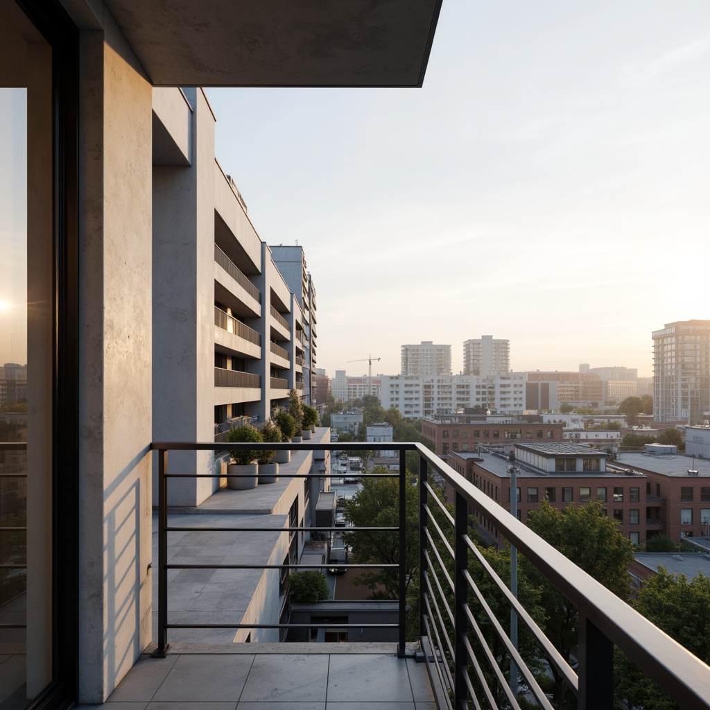 Prompt: Minimalist metal railings, sleek horizontal lines, industrial chic aesthetic, urban cityscape, modern apartment balcony, panoramic views, sunny day, soft warm lighting, shallow depth of field, 3/4 composition, realistic textures, ambient occlusion, stainless steel material, matte black finish, geometric shapes, simplicity and elegance, functional design, safety features, handrail integration, staircase connection, open floor plan, interior-exterior transition, natural ventilation, subtle ornamentation.