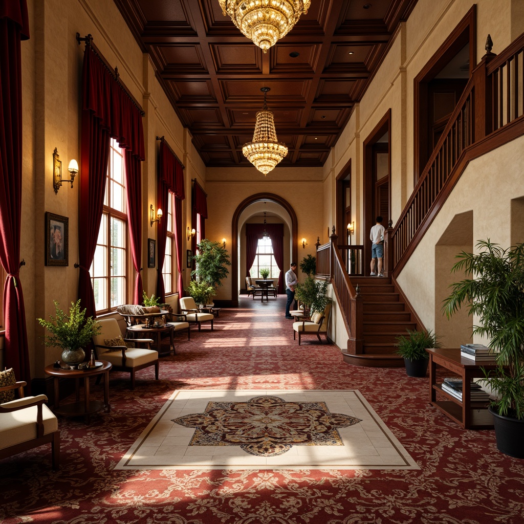 Prompt: Richly patterned carpet, ornate wooden flooring, polished marble surfaces, intricate mosaic tiles, luxurious velvet drapes, opulent chandeliers, grand staircases, elegant archways, vintage community center settings, historic preservation, warm golden lighting, soft focus, shallow depth of field, 1/1 composition, atmospheric perspective, realistic textures, subtle ambient occlusion.