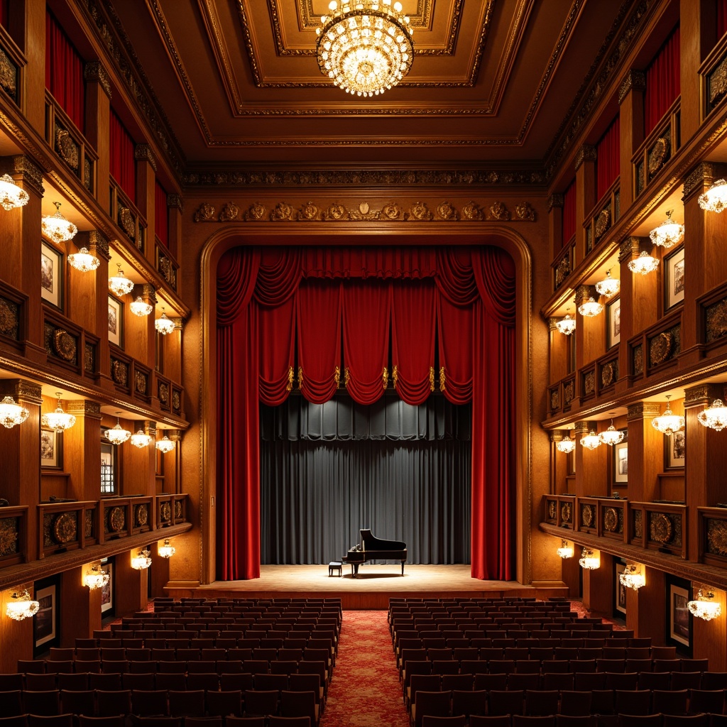 Prompt: Traditional performing arts center, ornate wood paneling, rich red velvet curtains, golden chandeliers, intricate moldings, acoustic panels with classic fabric wrapping, warm wooden tones, soft diffused lighting, intimate seating arrangement, shallow stage, grand piano, plush audience chairs, elegant balconies, ornamental railings, luxurious carpets, subtle sound absorption, 1/2 composition, warm color palette, realistic textures, ambient occlusion.