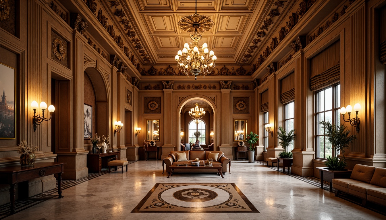 Prompt: Ornate bank interior, classical architecture, grandiose high ceilings, intricately carved crown molding, luxurious wood paneling, polished marble floors, stately columns, ornamental pilasters, richly upholstered furniture, majestic chandeliers, warm golden lighting, subtle shadows, 1/2 composition, symmetrical framing, realistic textures, ambient occlusion.