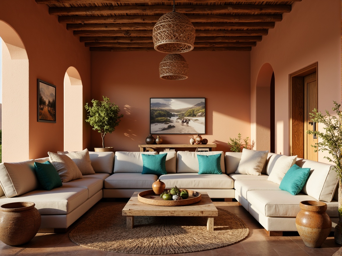 Prompt: Warm Mediterranean family room, earthy terracotta walls, soft beige sofas, turquoise accent pillows, rustic wooden coffee tables, vintage ceramic vases, natural fiber rugs, woven basket pendant lights, warm golden lighting, shallow depth of field, 1/1 composition, realistic textures, ambient occlusion.